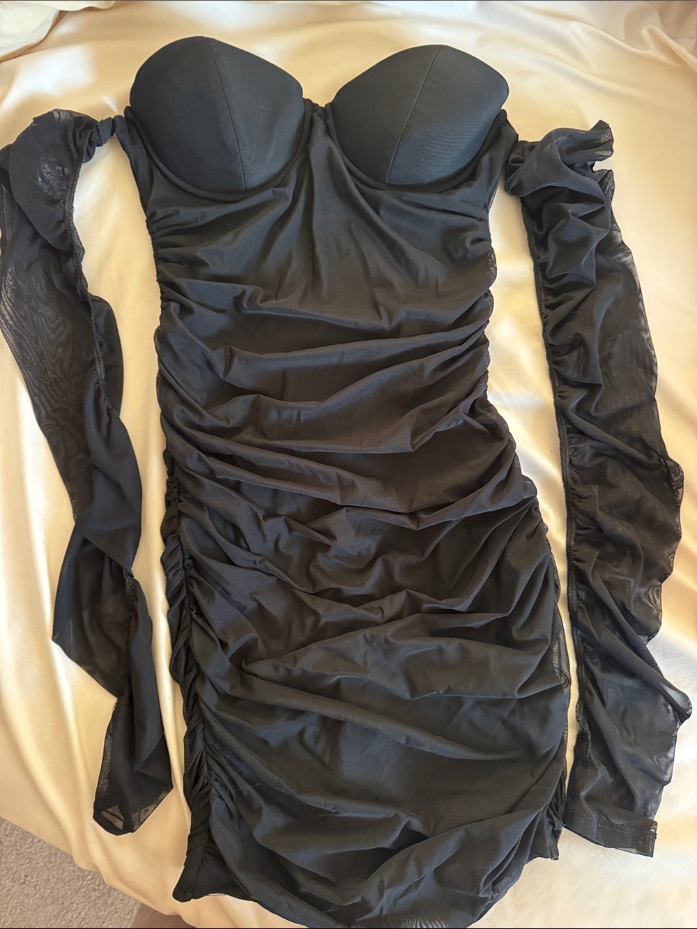 Oh Polly Black Ruched Off-Shoulder Long Sleeve Dress